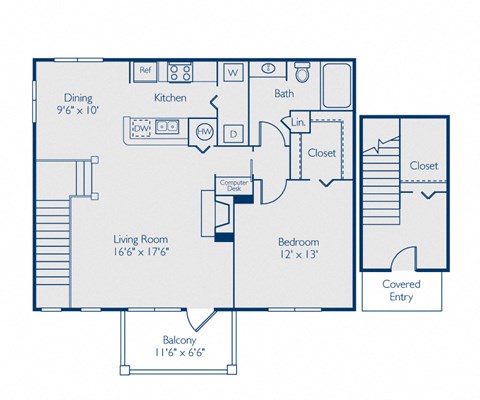 Floor plan for 1 bed, 1 bath, 980 sqft